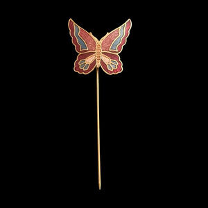 Vintage Cloisonné Enamel Butterfly Stick Pin - Red & Blue Gold Tone - Hat/Lapel
